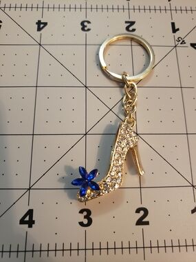 Gold High Heel Keychain with Blue Crystal Flower